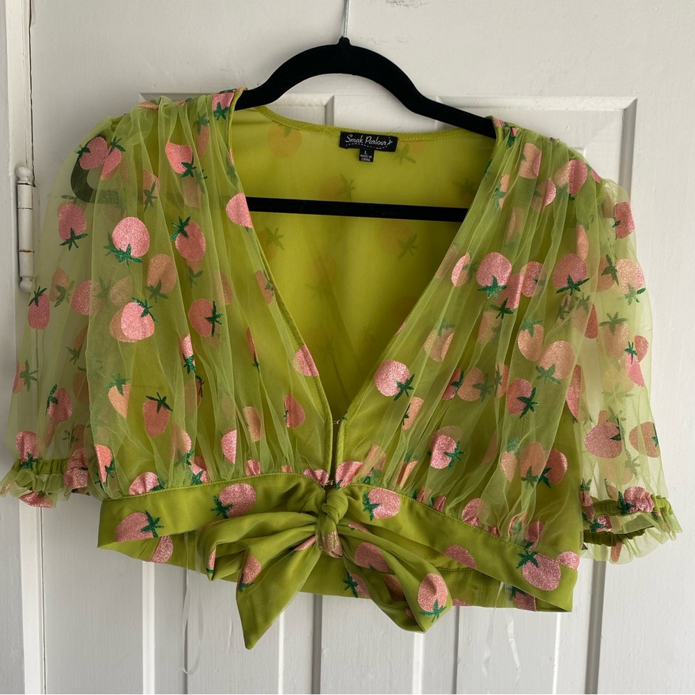 Smak Parlour Avacado and Pink Strawberry Roller Queen Crop Blouse